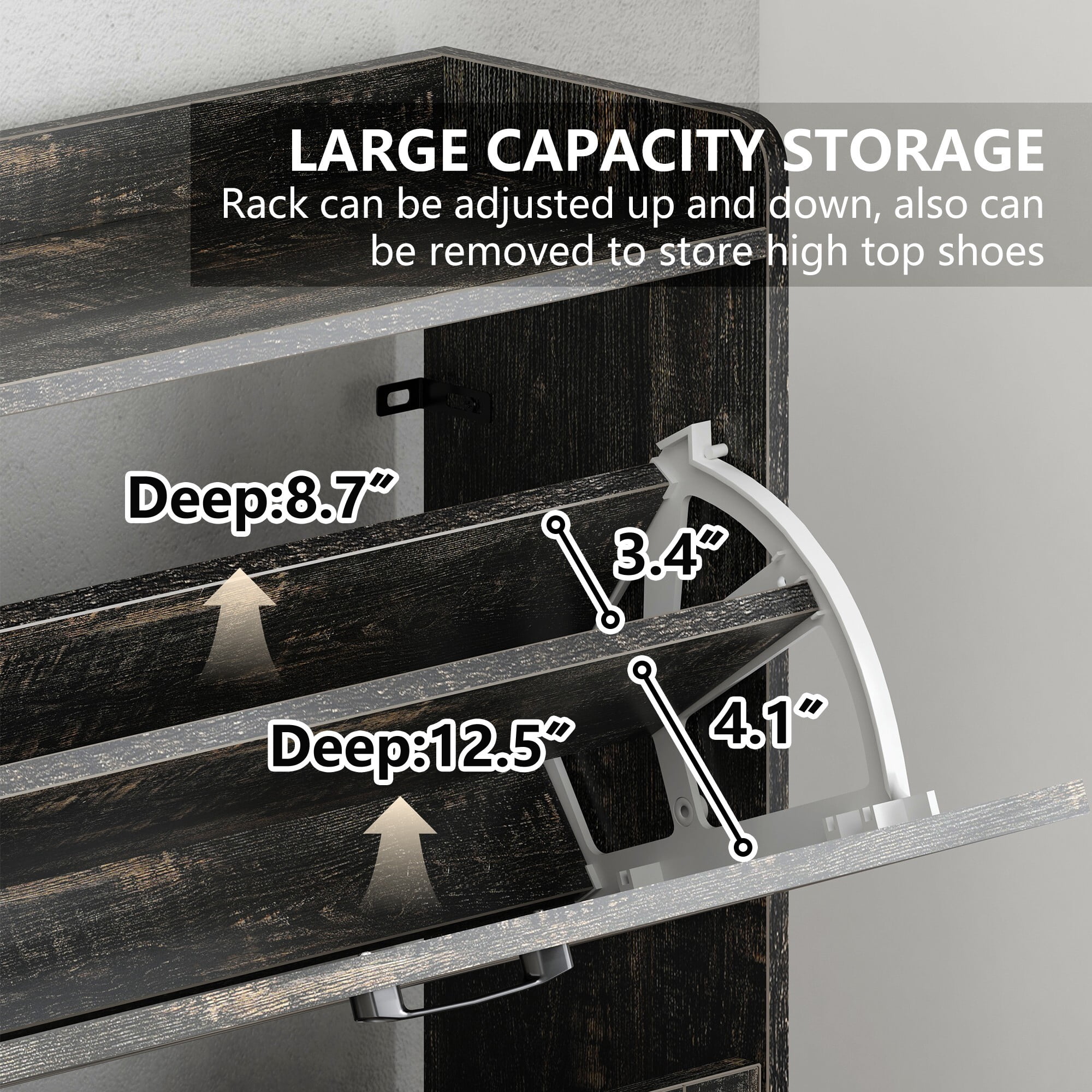 AENKYO Narrow Rustic Shoe Cabinet with Flip Drawers, 3-Tier Entryway Shoe Organizer, Charcoal gray