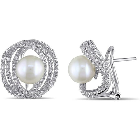 Miabella 8-8.5mm White Round Freshwater Cultured Pearl and 1/4 Carat T.W. Diamond Sterling Silver Clip-Back Halo Earrings