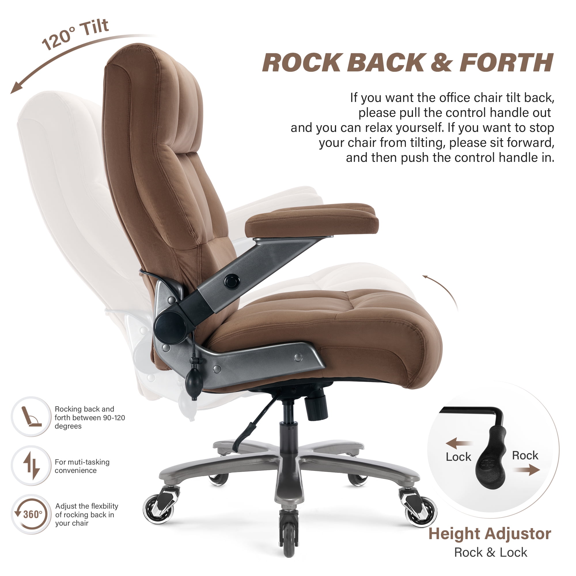 Big and Tall 700lbs Office Chair, Ultra-Soft Fabric Executive Desk Chair, Ergonomic Computer Chair with 3D Flip Up Arms, Adjustable Lumbar Support, Heavy Duty Metal Base and Quiet Rubber Wheel, Brown