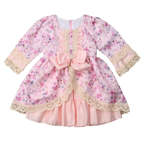 Styles I Love Baby Toddler Girl Elegant Lace Flower Vintage Satin Long Sleeve Dress, 2 Colors (Pink, 130/4-5 Years)