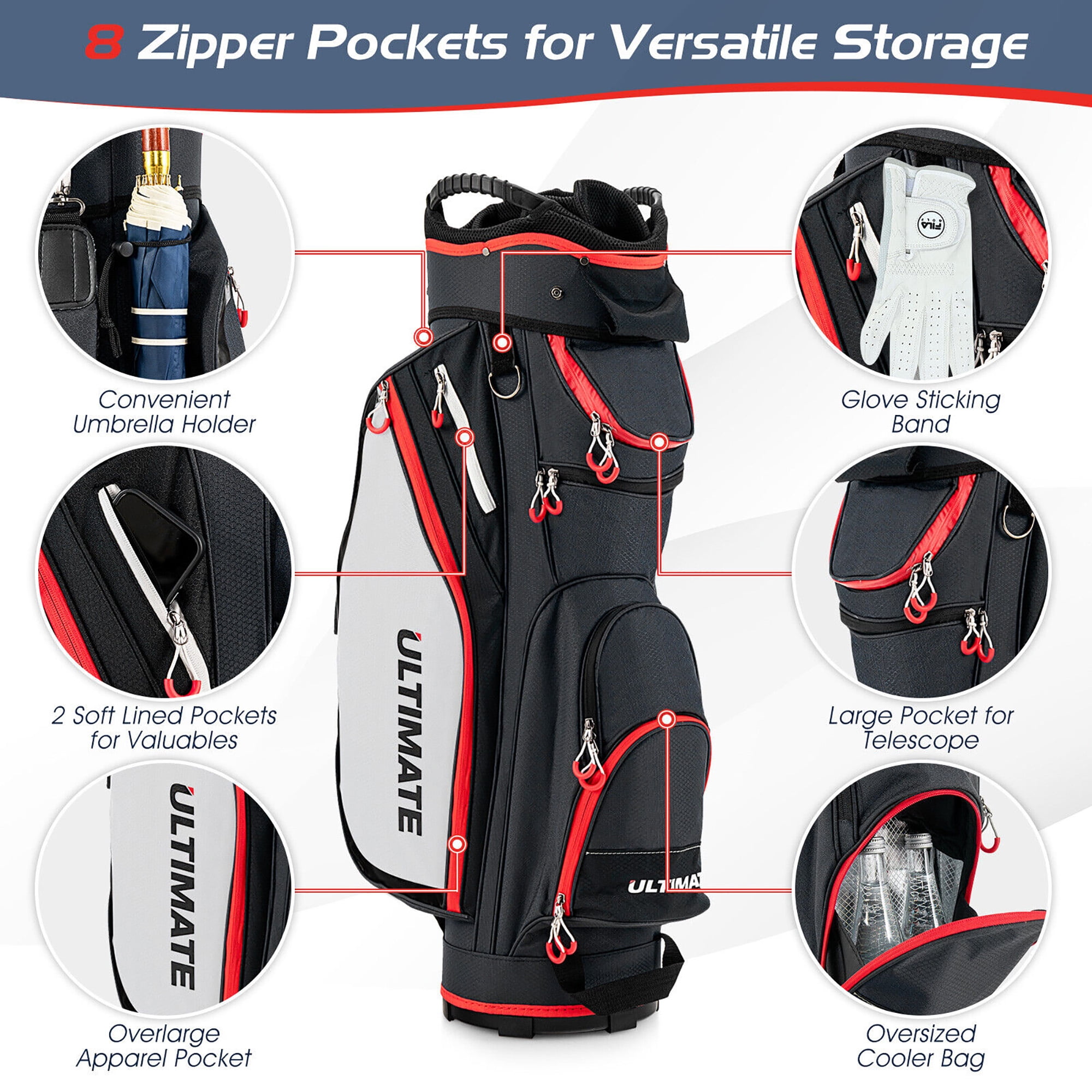Gymax 14 Dividers Golf Cart Bag w/ 7 Zippered Pocket Cooler Bag