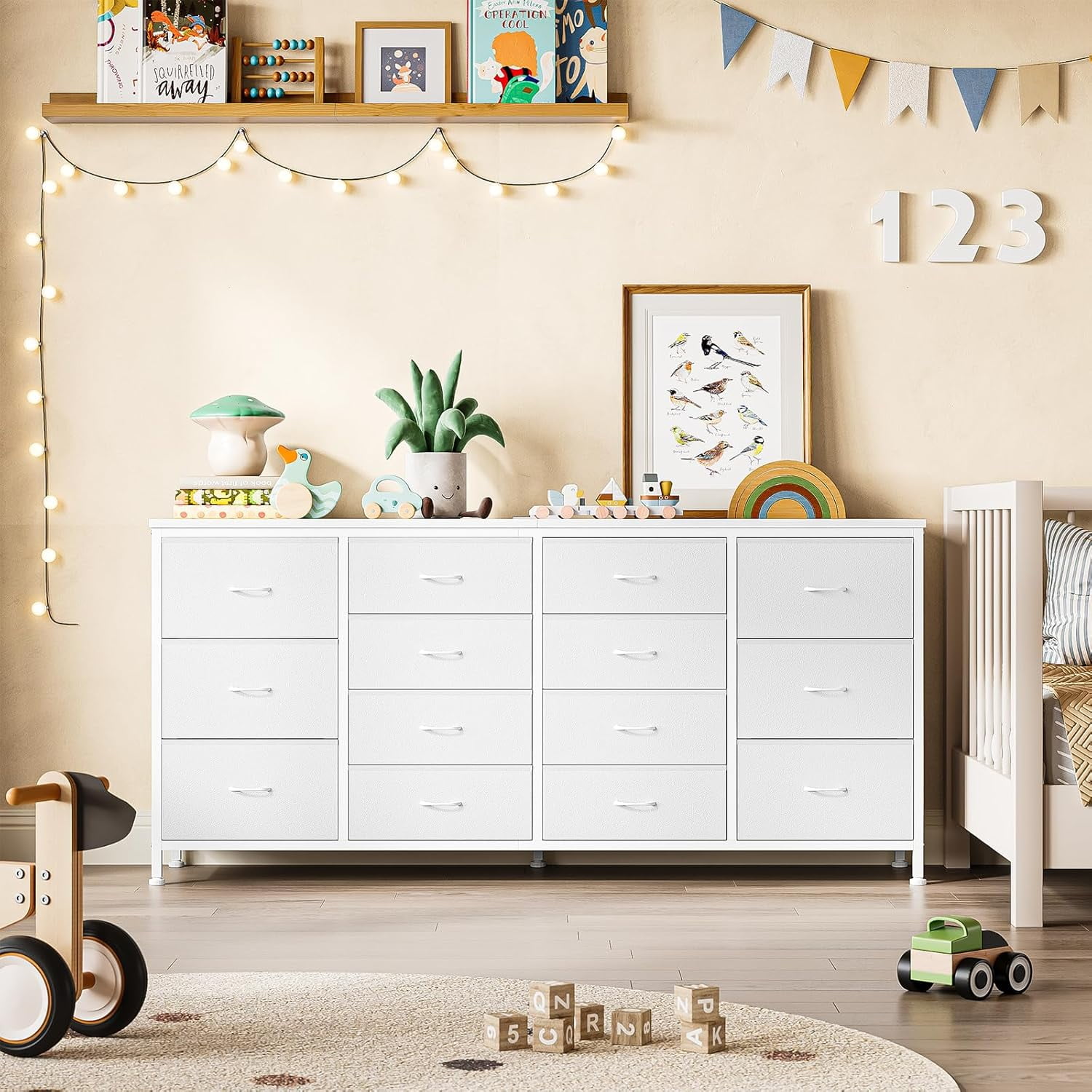 M optimized 63" Dresser for Bedroom, TV Stand for 65 70 75 inch TVs, 14 Drawer Dresser with Power Outlets, Large Long Fabric Dresser Entertainment Center