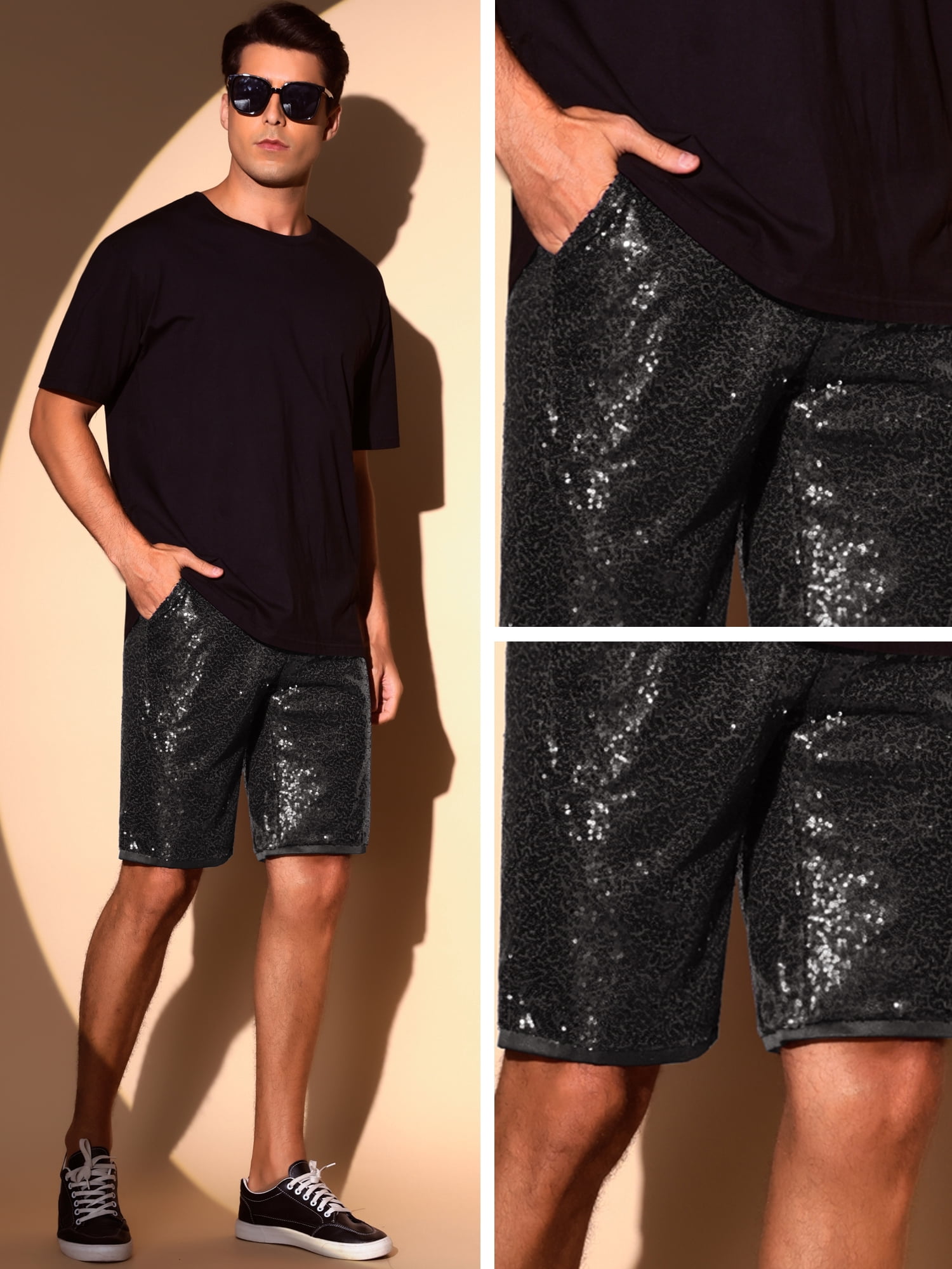 DARING DIVA Men's Sparkly Sequin Shorts Straight Leg Club Rave Metallic Shorts 34 Black