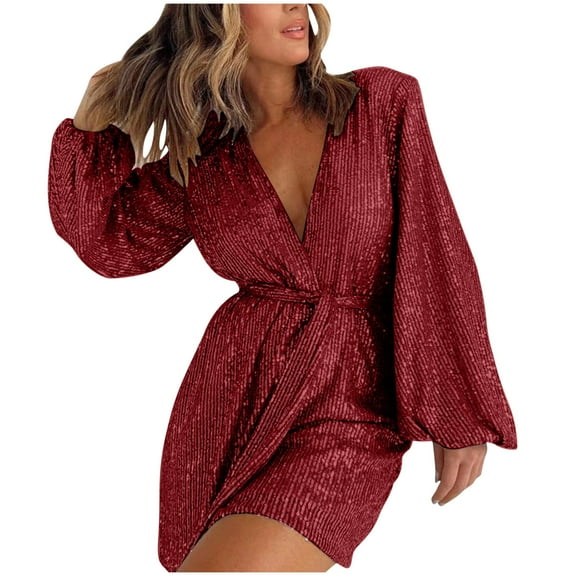 Lenpel Women's Sequin Rompers Sparkly Wrap V Neck Belted Lantern Long Sleeve Short Jumpsuits Party Club Dance Outfits