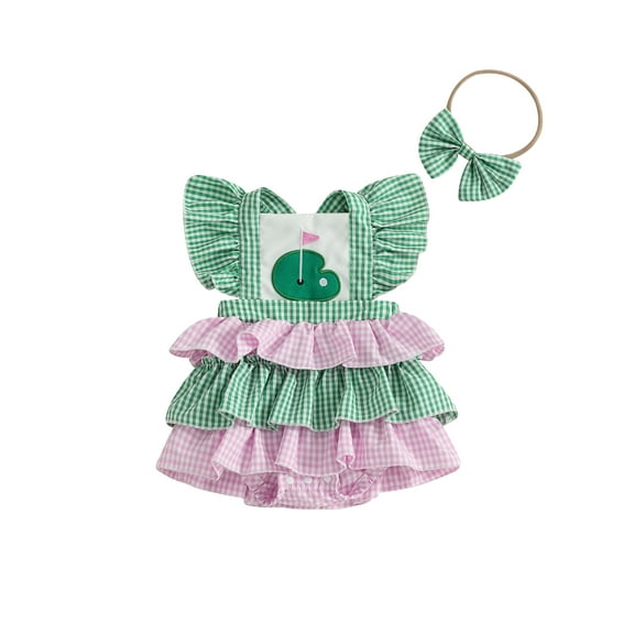 BemeyourBBs Baby Girl Outfit, Fly Sleeve Golf Court Plaid Layered Romper Hairband