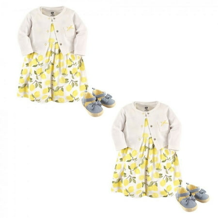 UPC: 0660168000481 | Hudson Baby Infant and Toddler Girl Cotton Dress Cardigan and Shoe Set Lemon 6-Piece 3-6 Months