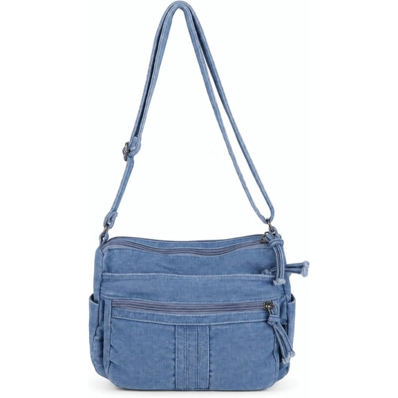 Sunyuer Women Vintage Washed Denim Crossbody Purse, Multi Pocket Casual Jean Shoulder Bag, Adjustable Strap Lightweight Hobo Handbag Daily Travel Messenger Bag