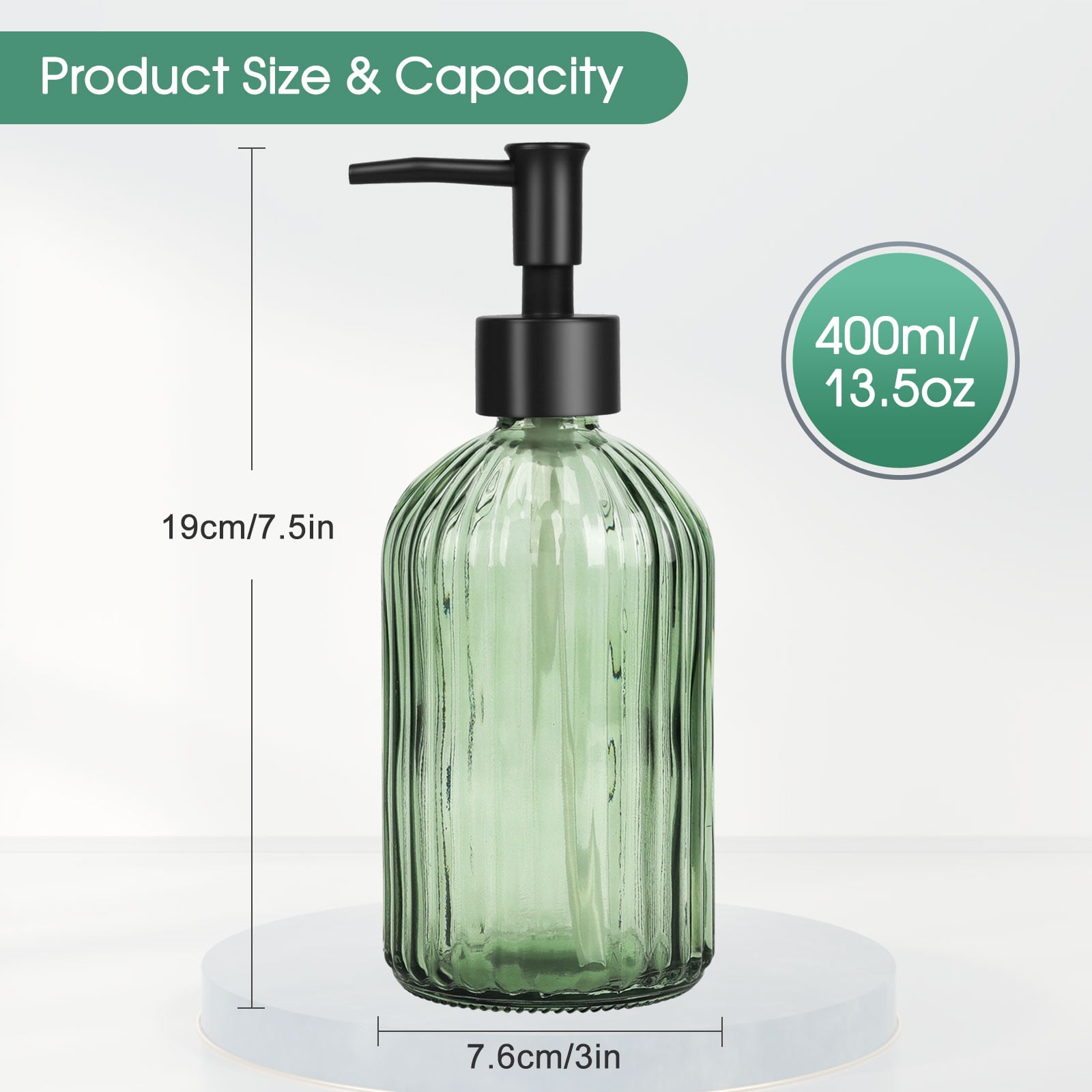 Vintage Ribbed Green Glass Dispenser, 13oz Large Capacity, Multi-Purpose Emulsion/S soap Dispenser (Suitable for Essential Oil Lotion, Shower Gel, Hand Soap, etc.)