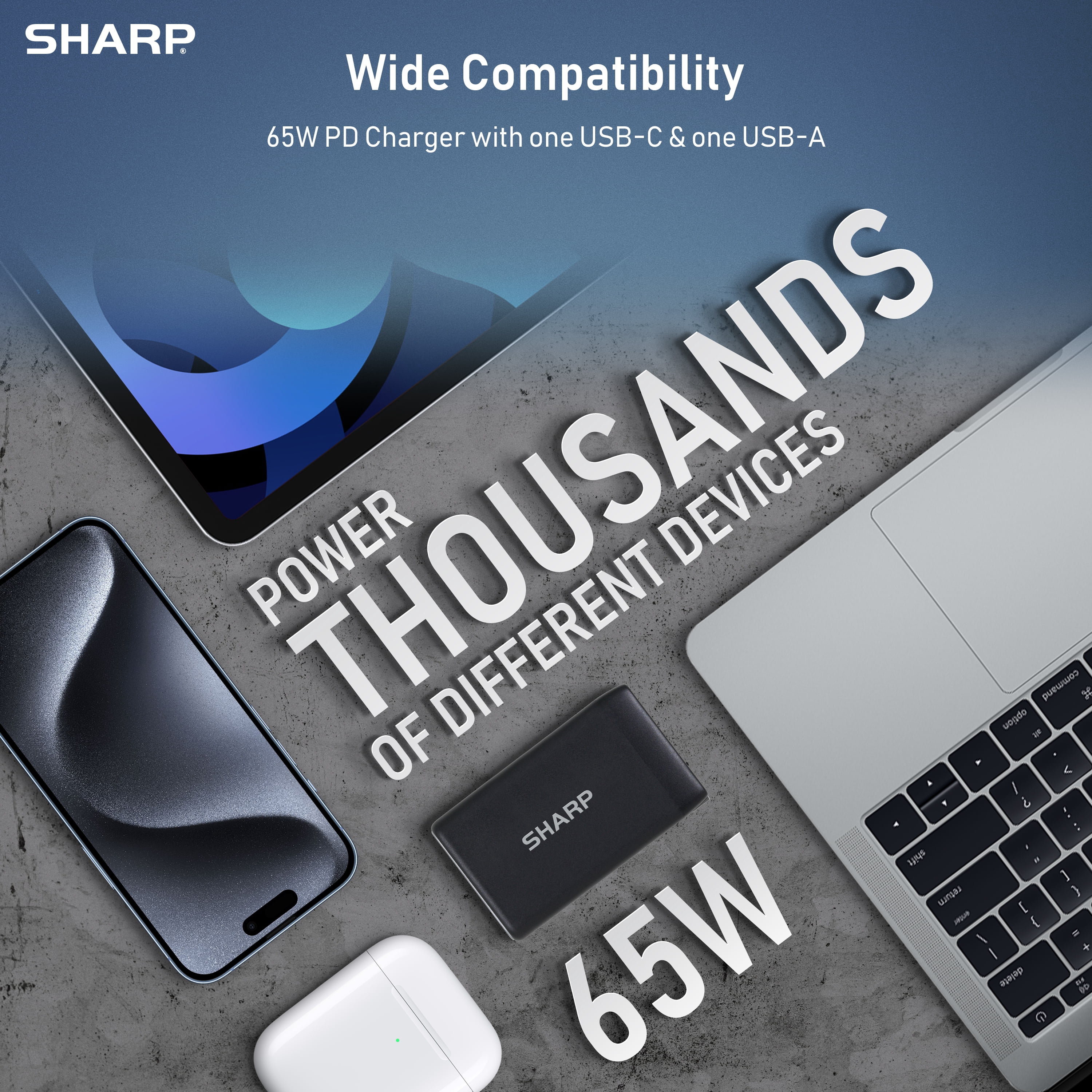 Sharp USB C Charger, 65W, 2 Port (USB A+C), Compact Foldable GaN Fast Charge for MacBook Pro/Air, iPad Pro, Galaxy S23, Dell XPS 13, Note 20/10+, iPhone 15/Pro, and More - Black, G451A1CU-WHT