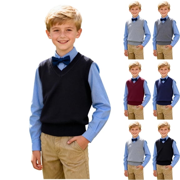 NAISIBABY Boys School Uniform Sweater Vest (2-15T), Soft Stretchy V Neck Sleeveless Pullover Cotton Knit Tops Black 10T