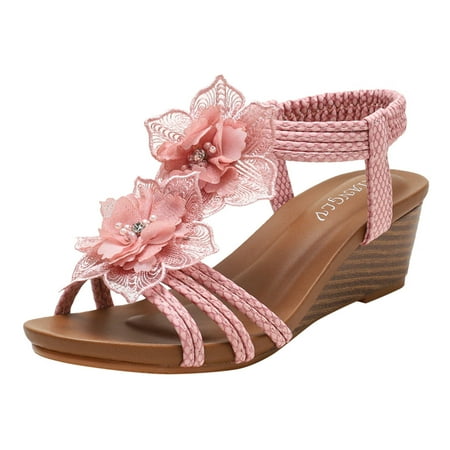 

sandals for Women Womens Wedges Sandals Elastic Ankle Strap Casual Bohemian Sandals Beach Shoes Floral Pattern Beaded Boho Wedge Shoes PU Dress Sandals for Women Pink