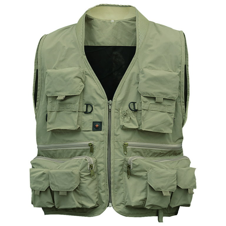 Men's Multifunction Pockets Travels Sports Fishing Vest Outdoor Vest L  Khaki Green XL 
