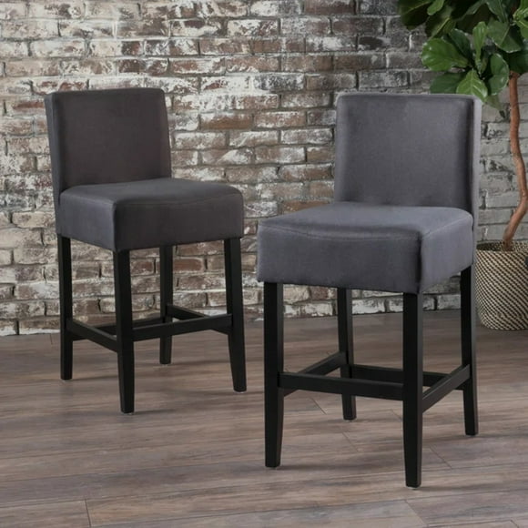 Counter Bar Stools Set of 2, Bar Stool with Back, Linen Fabric Upholstered Seat Barstool with Wooden Base for Kitchen Island Dining Room Pub, Dark Gray