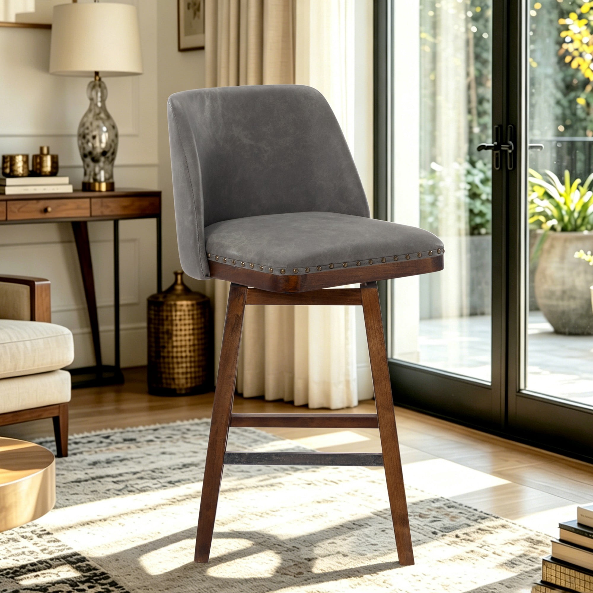 BSHTI 18.9" PU Swivel Barstool with Back Support, Foam Seat, Wood Frame, Footrest for Dining Rooms（Grey）
