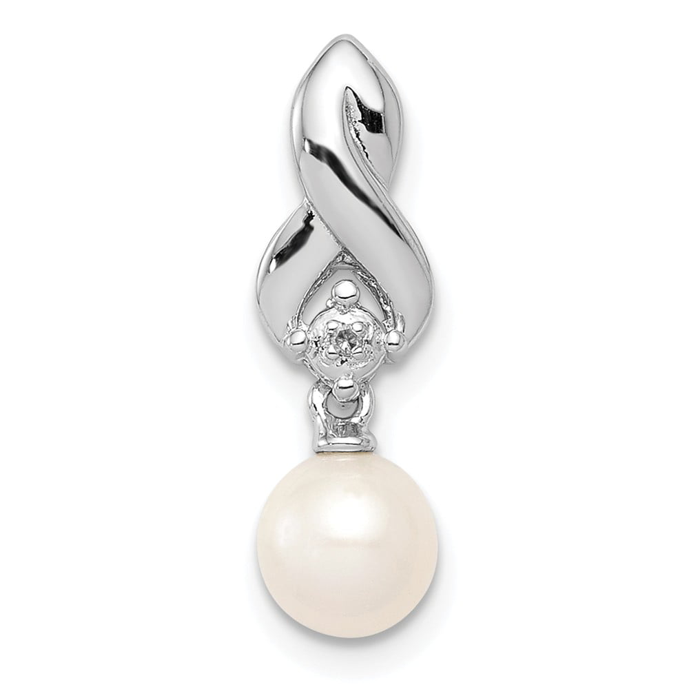 Solid 925 Sterling Silver Freshwater Cultured Pearl Diamond Pendant Charm -  19mm x 6mm