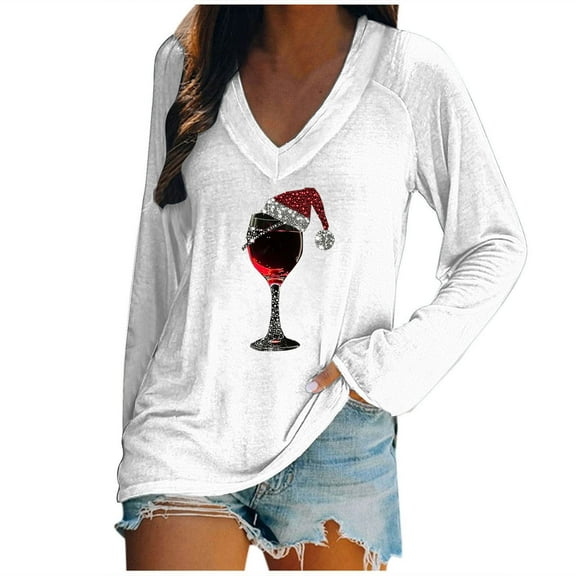 Kaemgyyd Women's Long Sleeve V Neck Shirts Christmas Print Loose Casual Tunic Tee Trendy Cozy Pajama Tops for Women