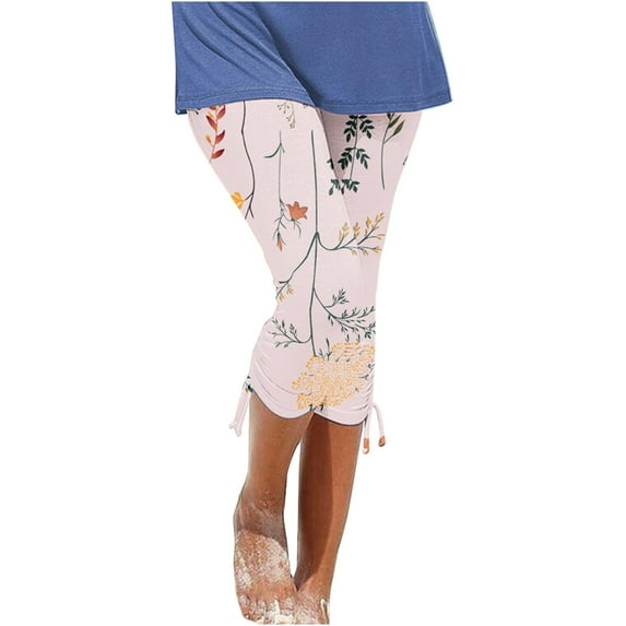 Bigersell Capris for Women Casual Summer Clearance Elastic Waist Capris Floral Printed Women Capris Pants Side Drawstring Women's Capris and Cropped Pants High Waisted Yoga Capris Leggings Pink-O L
