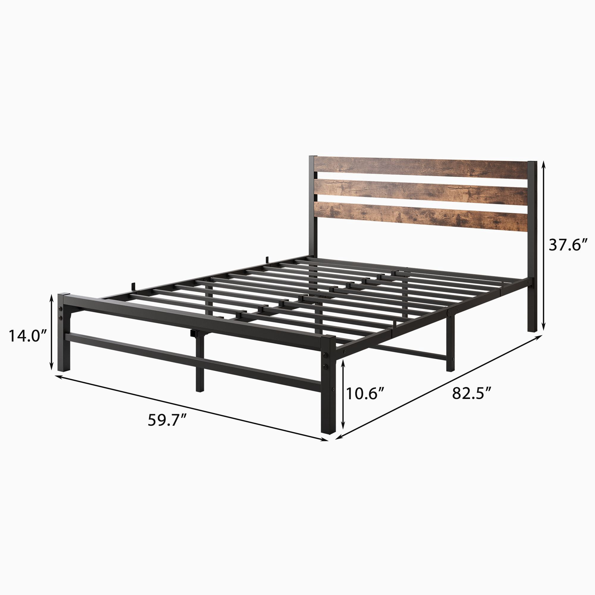 Aukfa Queen Size Platform Bed, Metal Bed Frame with Wood Headboard, Rustic Brown