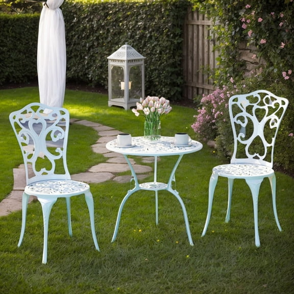 GVN Outdoor Conversation Sets,Patio Furniture Sets,3 Piece All Weather Cast Aluminum Bistro Chairs and Table with Umbrella Holes-White