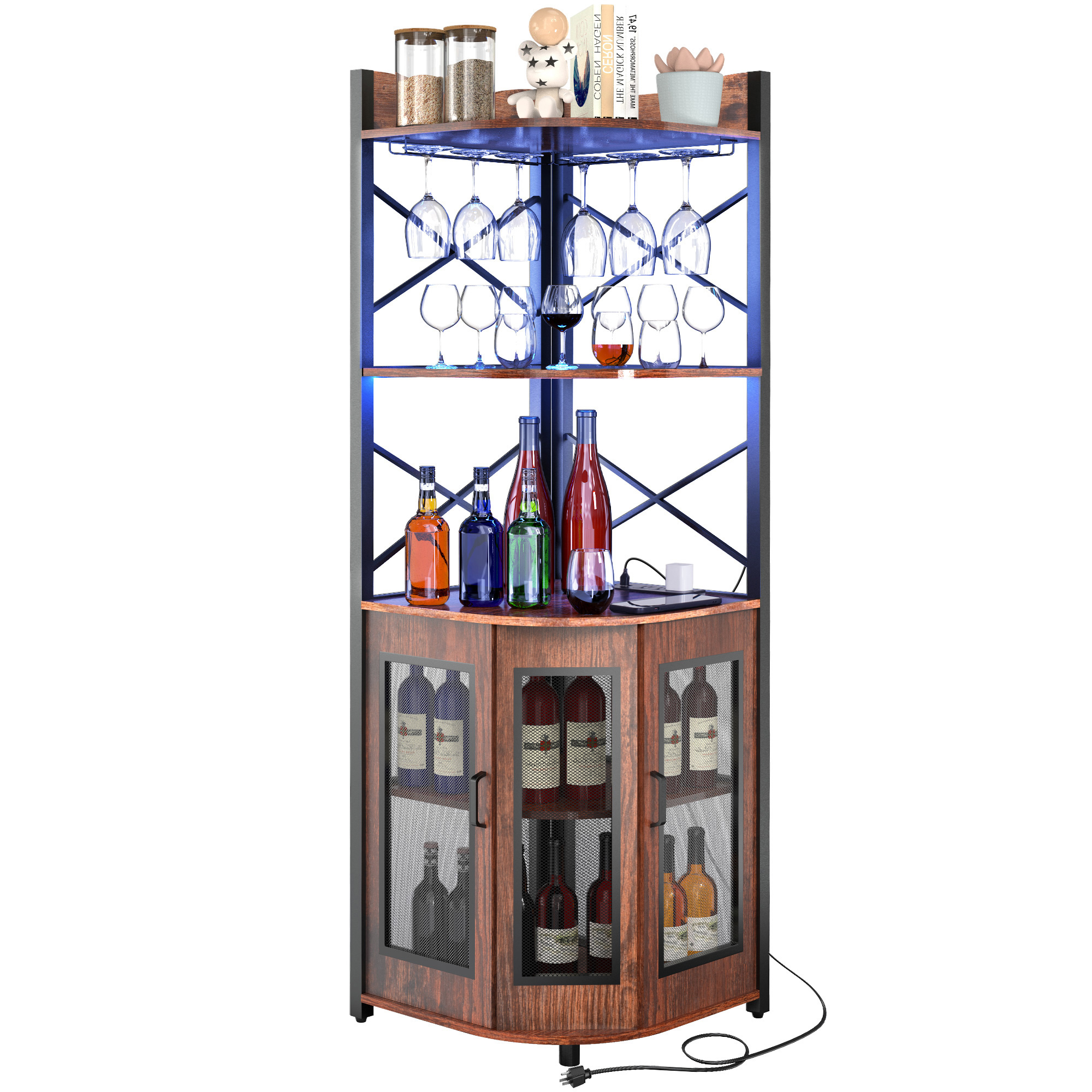YISUFO 5 Tier Corner Bar Cabinet with Power Outlet, LED Lights, Wine Rack Display Shelves & Glass Holder, Storage Cabinet Corner Shelf For Living Room Kitchen