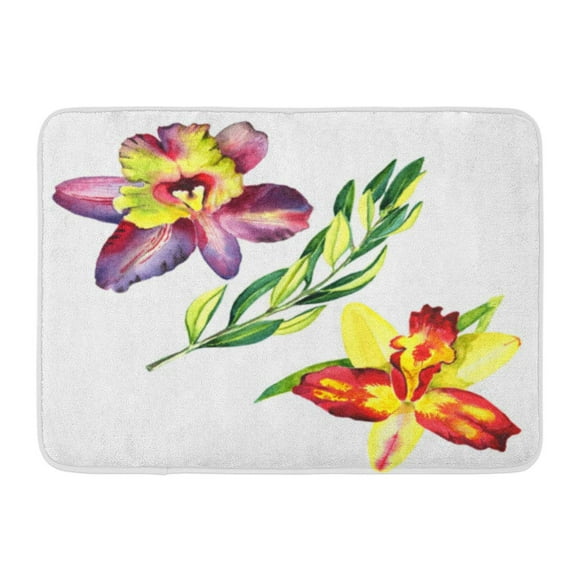 YUSDECOR Bud Colorful Botanical Watercolor Orchid Flowers and Leaves on White Green Bio Drawing Rug Doormat Bath Mat 23.6x15.7 inch