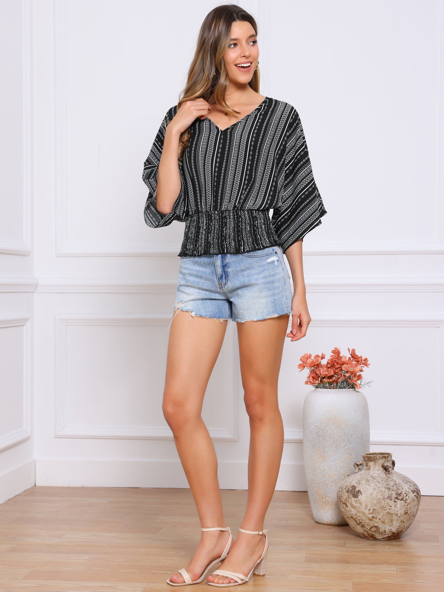DARING DIVA Women's V Neck Chiffon Smocked Batwing Blouses M Black