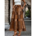 thumbnail image 3 of Coffee Brown Patchwork Print Drawstring Waist Tiered Maxi Skirt With Ruffle Hem, 3 of 6