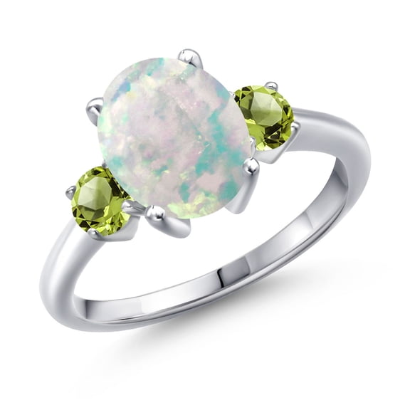 Gem Stone King 2.30 Ct Oval Cabochon White Simulated Opal Green Peridot 925 Sterling Silver Ring (Size 6)