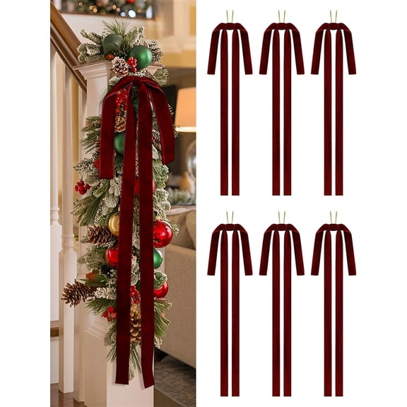 6 Pcs Large Velvet Bows Christmas Tree Ornaments, NOGIS 23.6x15.7 Inch Vintage Velvet Ribbon Bows for Tree Garland Wreath Indoor Xmas Decorations (Wine Red)