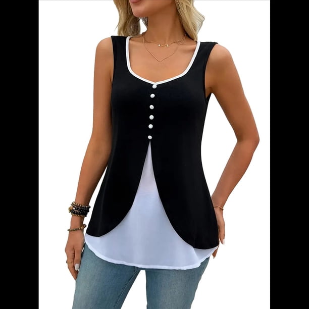 Camisetas de Tirantes de Verano para Mujer, Moda Informal, Sin Mangas, con Dobladillo Dividido y Botones, Chaleco de para Trabajo. Sandía Roja L