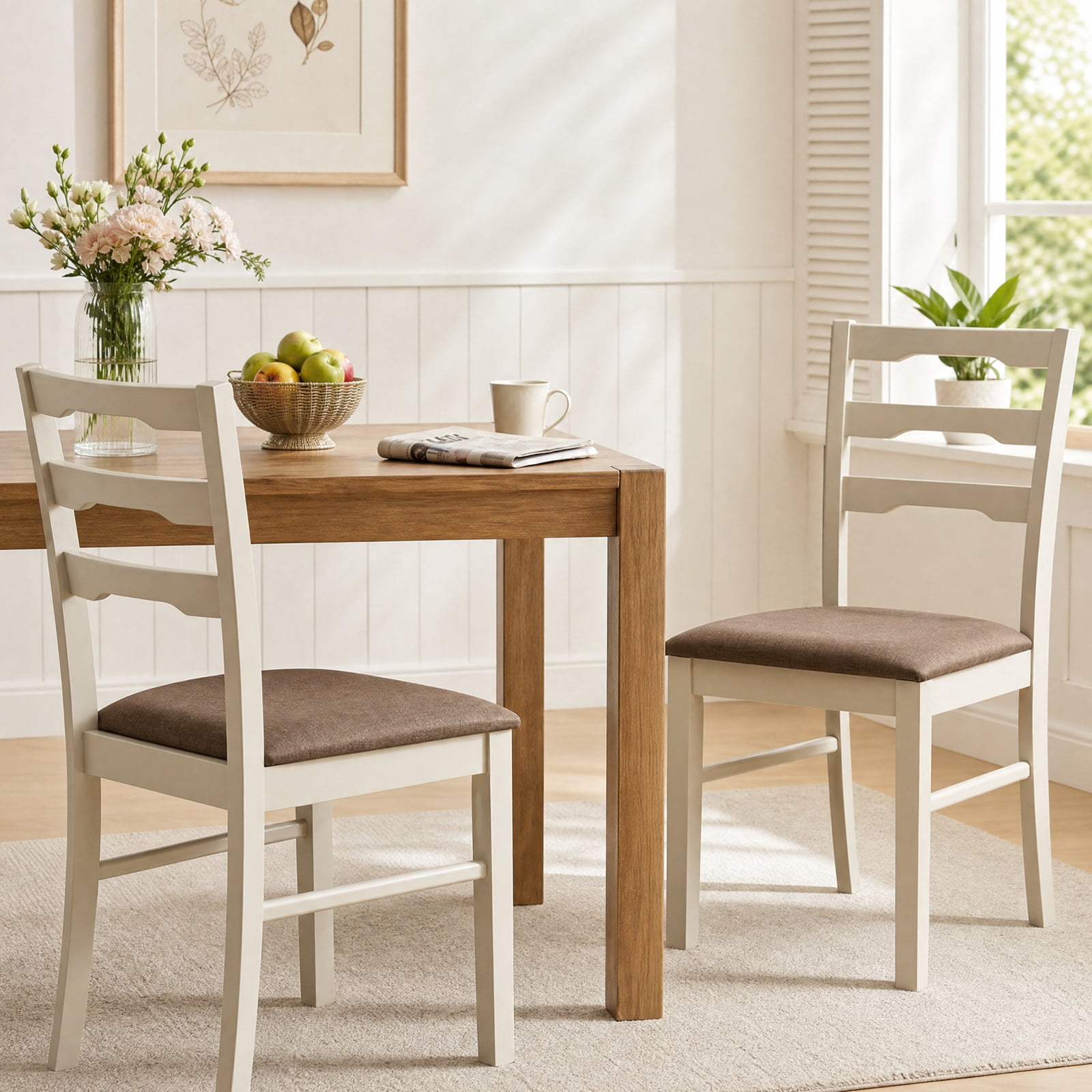 Furnibear Linen Style Upholstered Dining Chairs Set of 2 with Ladder Back and Solid Rubber Wood Frames for Farmhouse Kitchen, White