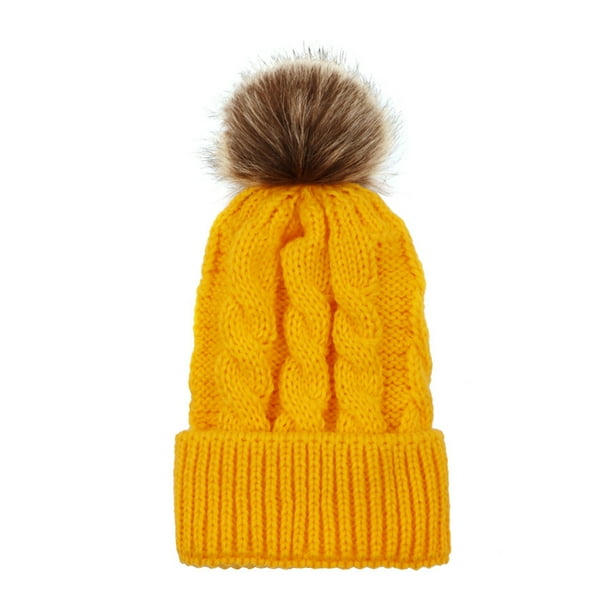 Orejeras de bola de pelo de sombrero de lana de ganchillo de punto de mujer cálida de invierno