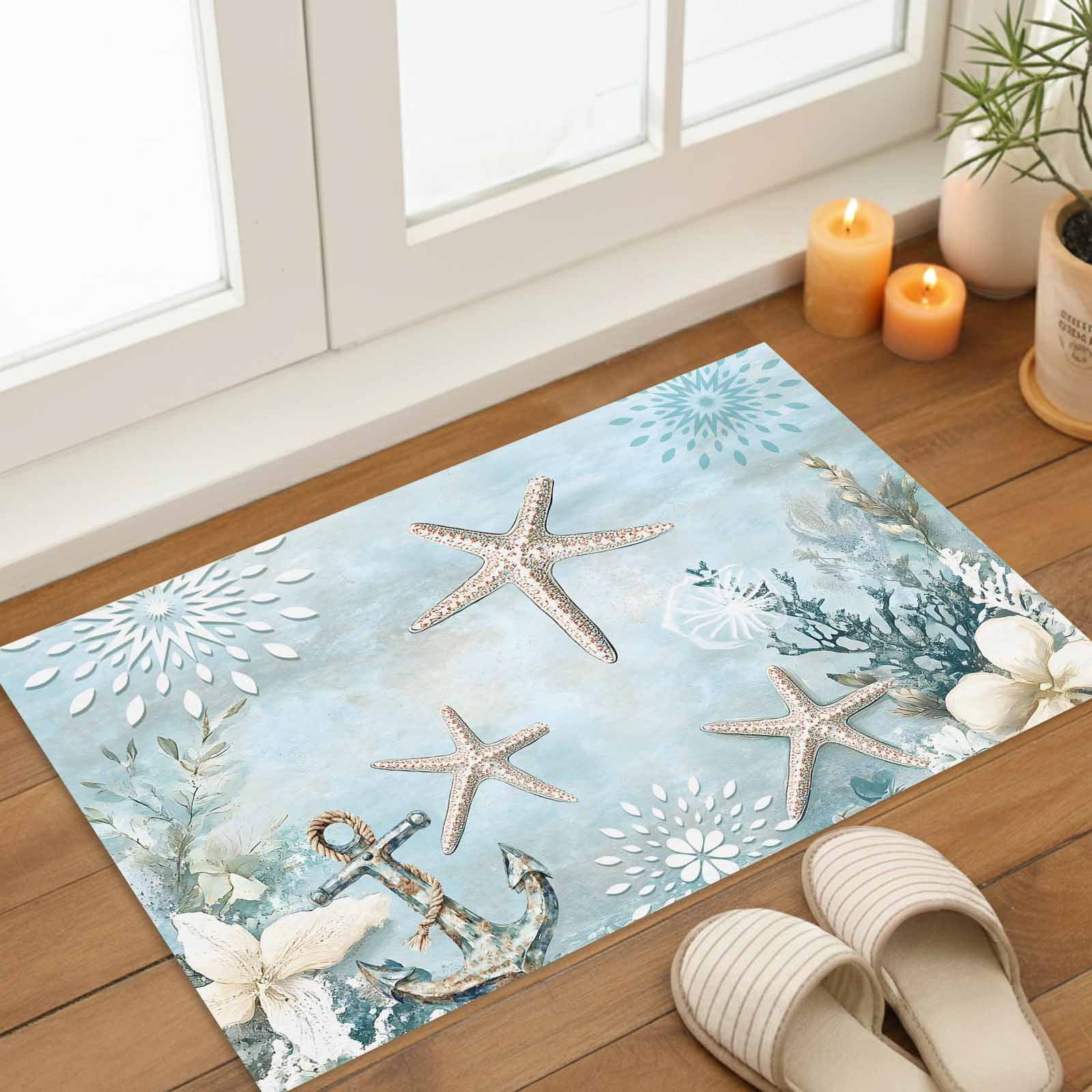 Teal Ocean Coastal Indoor Door Mat - 20"x31.5", Non-Slip Welcome Mat for Outdoor, Summer Beach Nautical Coral Starfish Front Doormat for Entry, Low-Profile Doormat Entrance Rug for Kitchen/Bathroom
