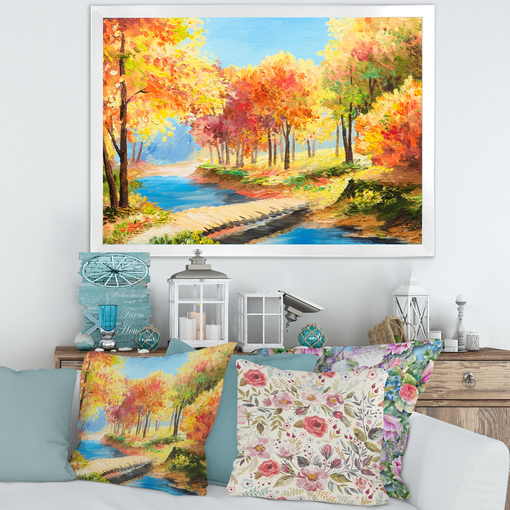 Designart 'Orange and Yellow Trees By The Riverside' Lake House Framed Art Print