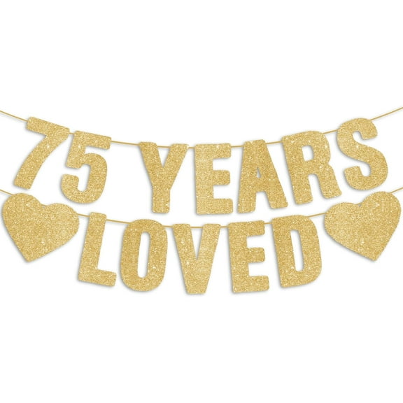 Pre-Strung 75th Birthday Banner - Gold Glitter, Happy 75th Birthday Party Decorations for Women & Men, 75 Year Old Anniversary Decor Bday Sign Gifts