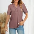 thumbnail image 2 of Wyobmus Womens Lantern Sleeve Tops Mock Crew Neck Short Sleeve Buttons Shirt Plain Waffle KniT-Shirts Loose Fit Summer Blouse Basic Tee Purple, 2 of 5