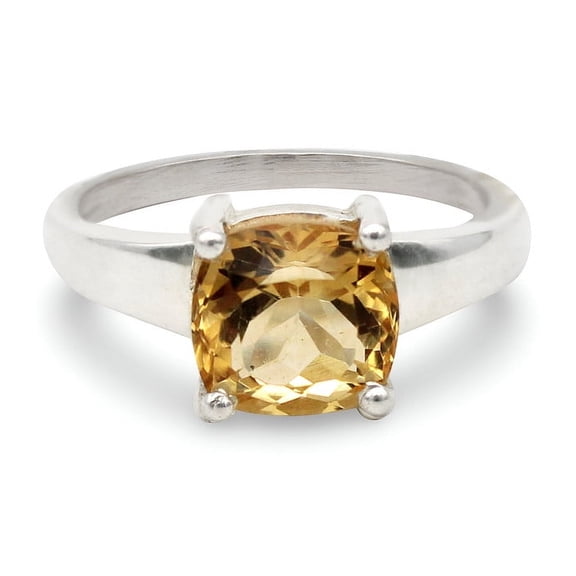 PILWALS 925 Sterling Silver Natural Citrine Ring for Women, Cushion Cut Yellow Gemstone Solitaire Ring