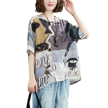 

Andoer Women Folk Style Printed and Oversized Linen Loose O-Neck Half Sleeve Cartoon One Size (# 3368)