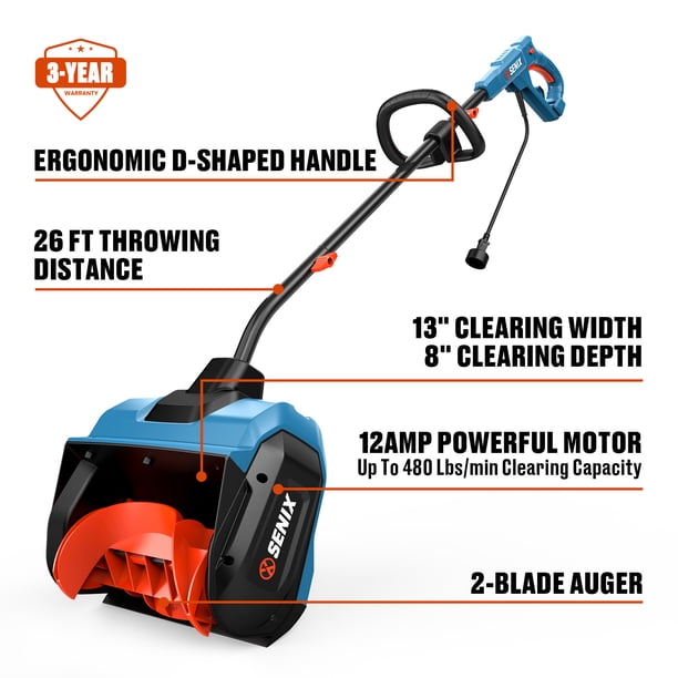 SENIX 13-inch Corded Electric 12A Snow Shovel - 8in Depth, 26ft
