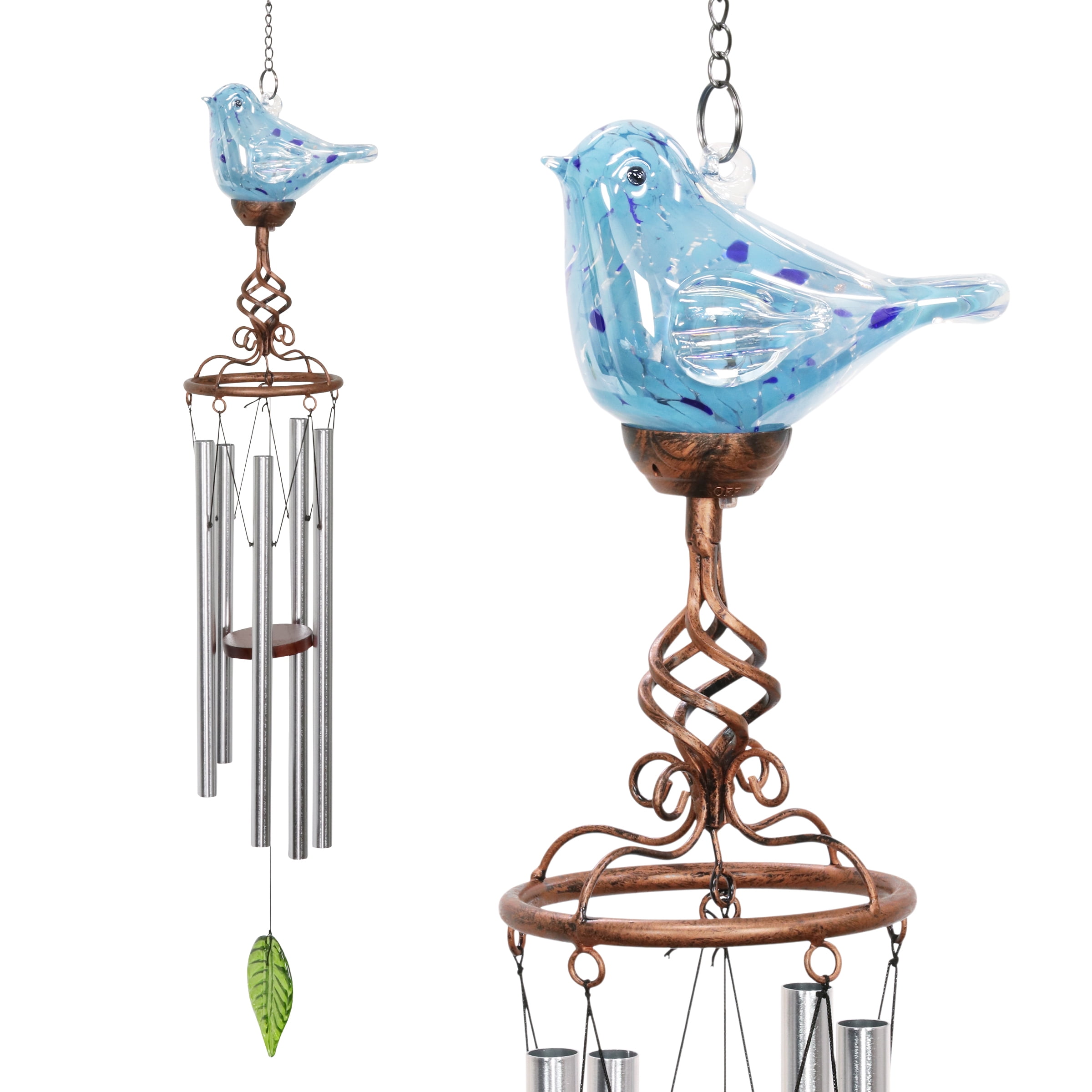 Exhart Solar Hand Blown Pearlized Glass Bird Wind Chime in Turquoise, 7 by 44 Inches Walmart