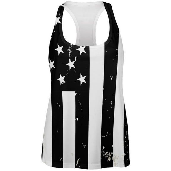 4th Of July Black and White Distressed American Flag Womens Work Out Tank Top - X-Large