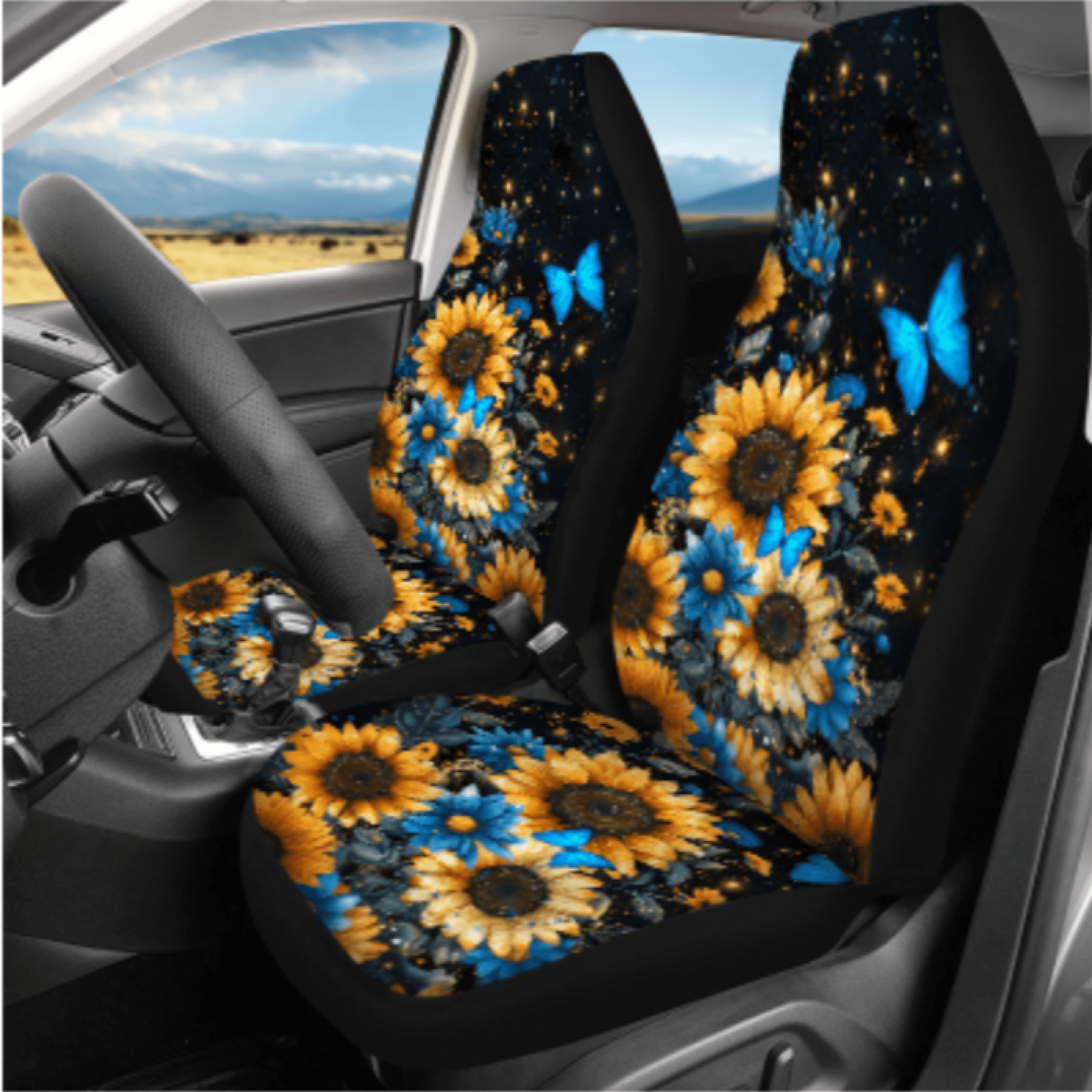 HUIACONG Butterfly Sunflowers Car Seat Cover Set, with Car Seat Covers Steering Wheel Cover Key Fob Vehicle Armrest Protection Cushion Front Back Seat Covers