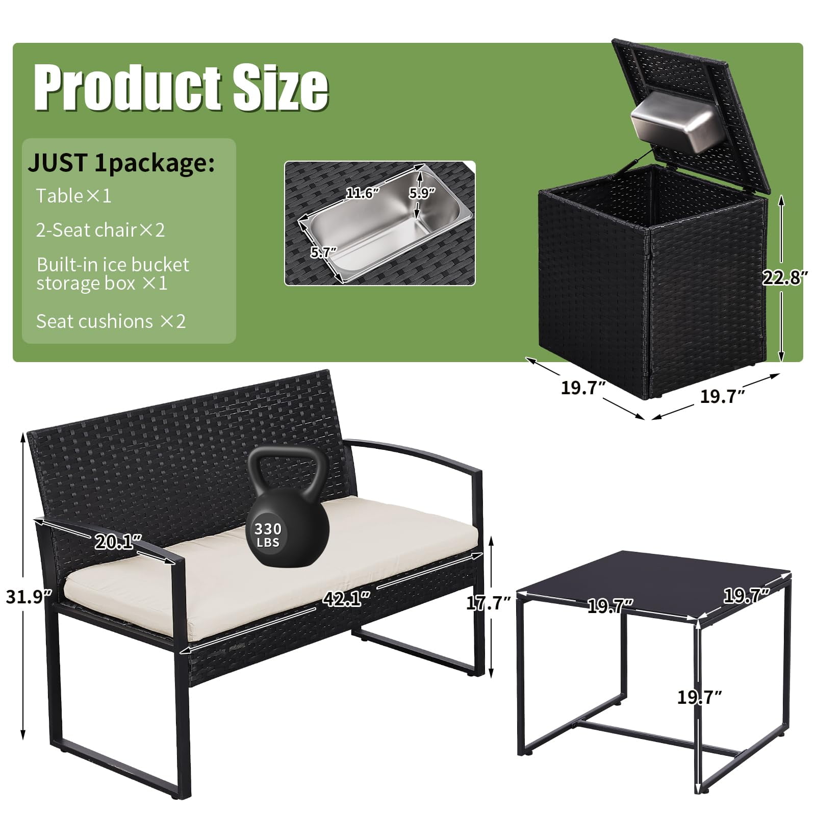 4 Piece Outdoor Patio Furniture Set,Wicker Conversation Sets Patio Sofa Couch with Built-in Beverage Cooler Storage Box & Coffee Table for Outside, Garden, Balcony, Porch,Black/Beige