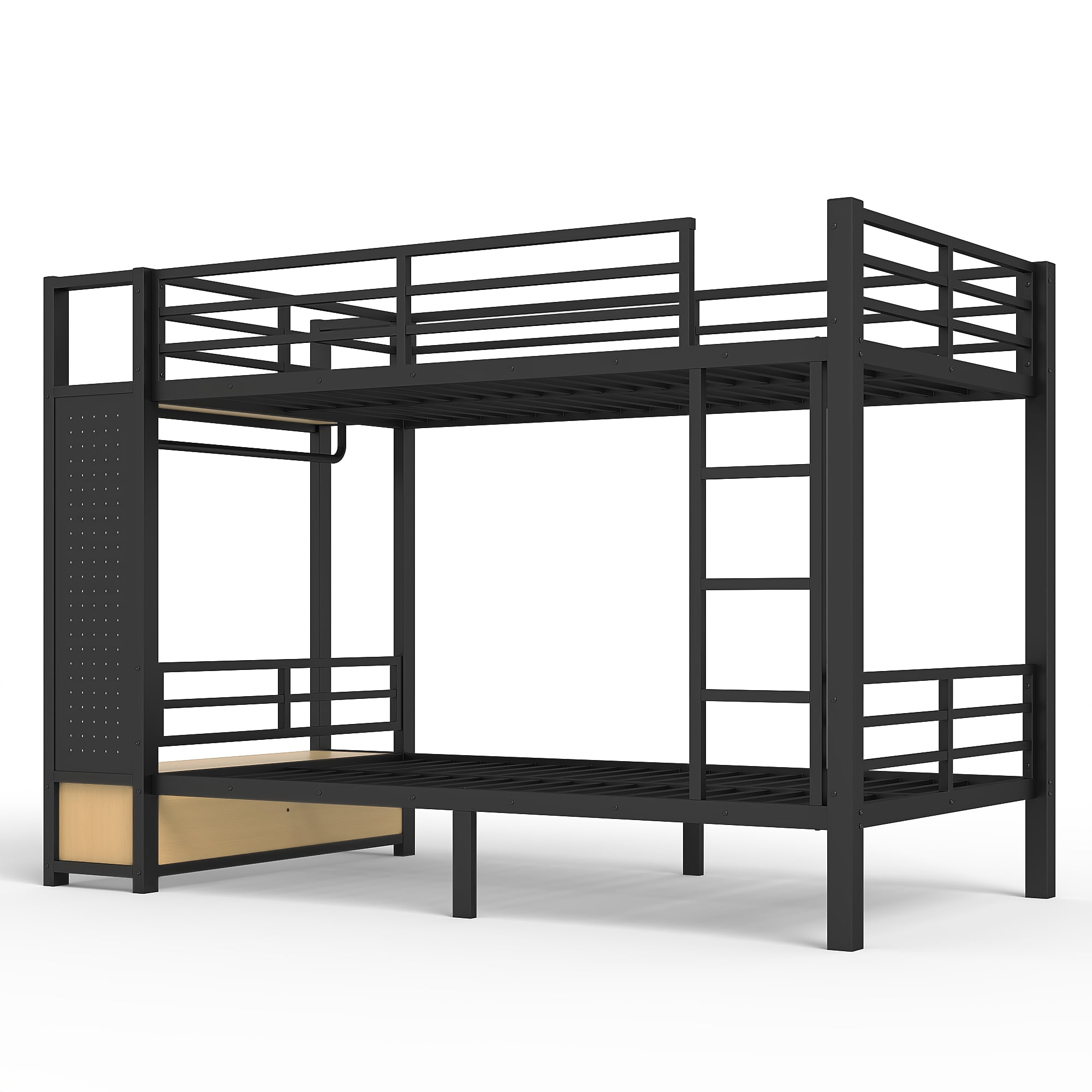 Leumius Twin XL over Twin XL Metal Bunk Bed with Built-in Wardrobe,Heavy Duty Loft Bed Frame with Storage Shelves,Drawers and Pegboard,Space-Saving,Black