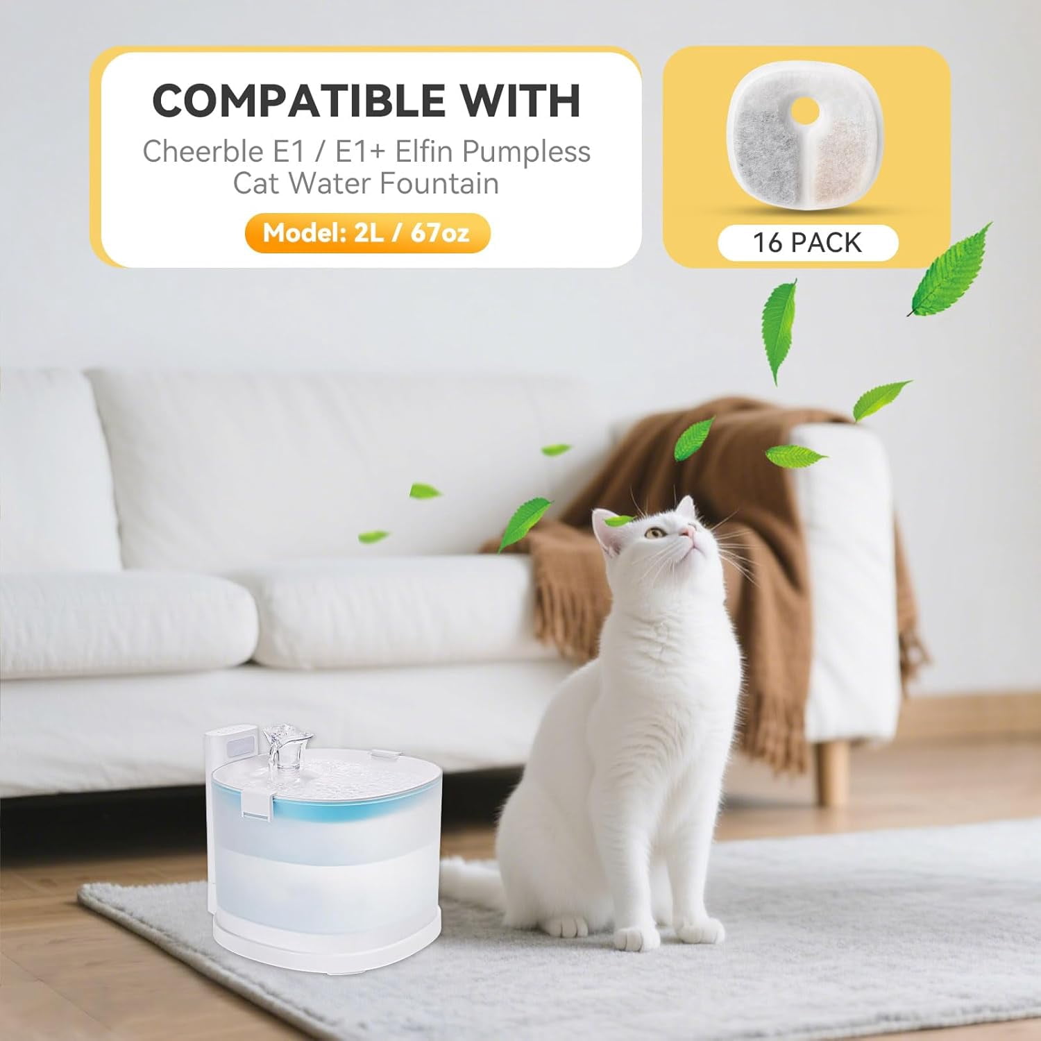 ABCISI 16 Pack Replacement Filters for E1 / E1+ Pumpless Cat Water Fountain (2 L / 67 oz), Pet Water Fountain Filter with Activated Carbon & Ion Exchange Resin