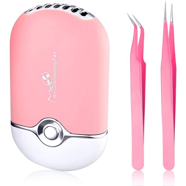 USB Air Conditioning Blower Handheld Eyelash Fan Dryer Rechargeable Eyelashes Dryer Fan Mini Portable Fans with 2 Pieces Straight and Curved Tweezers for Eyelash Extensions Girls Women (Pink)