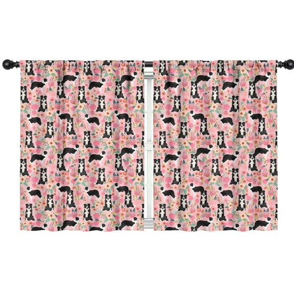 Blackout Kids Curtains,Pink Border Collie Dog and Flower Floral Childrens Insulated Curtains Set Of 2,Bedroom Essentials,Toddler Room Decor 42x54in(106x137cm)