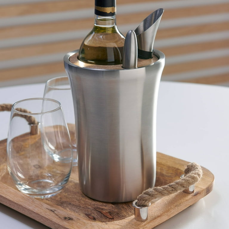 MoDRN Scandinavian 4 Piece Wine Chiller Set with Mango Wood Accents 