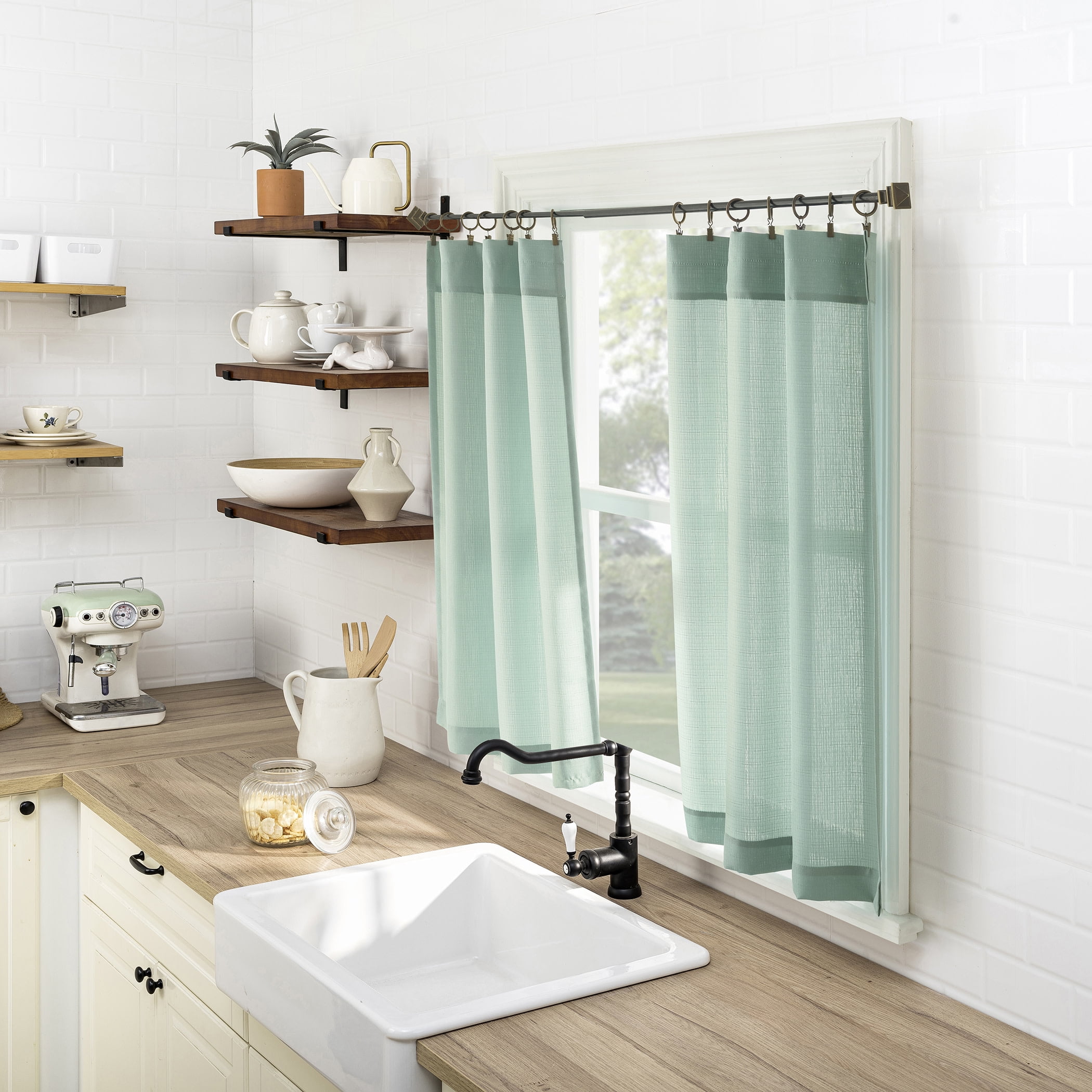 Mainstays 3-Piece Textured Semi Sheer Rod Pocket Kitchen Window Tier Pair and Valance, 2 Café Curtains and 1 Curtain Valance, Aqua, 56"W x 36"L
