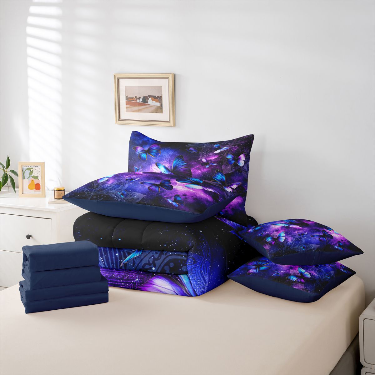 Homewish Gradient Butterflies 7pcs Bedding Comforter Set For Teens Adults,Universe Galaxy Queen Bedding Sets Super Cozy,Exotic Style Queen Sheet Sets,Ultra Soft Home Decor,Reversible